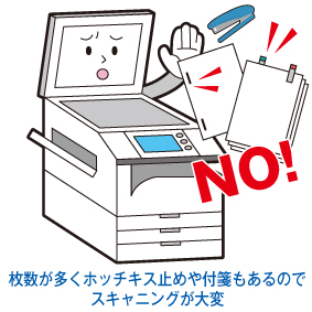 枚数が多くホッチキス止めや付箋もあってスキャニングが大変