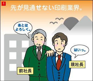 １コマ目。緊張した表情の当社社長と、社長の肩に手を置き、笑顔の前社長。前社長「あとはよろしく。」 社長「はい。」 背景には「先が見通せない印刷業界」の文字。