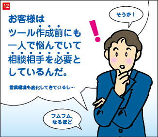 １２コマ目。顎に手をあて、何かを閃いた表情の当社社長。「お客様は、ツール作成前にも一人で悩んでいて相談相手を必要としているんだ。」